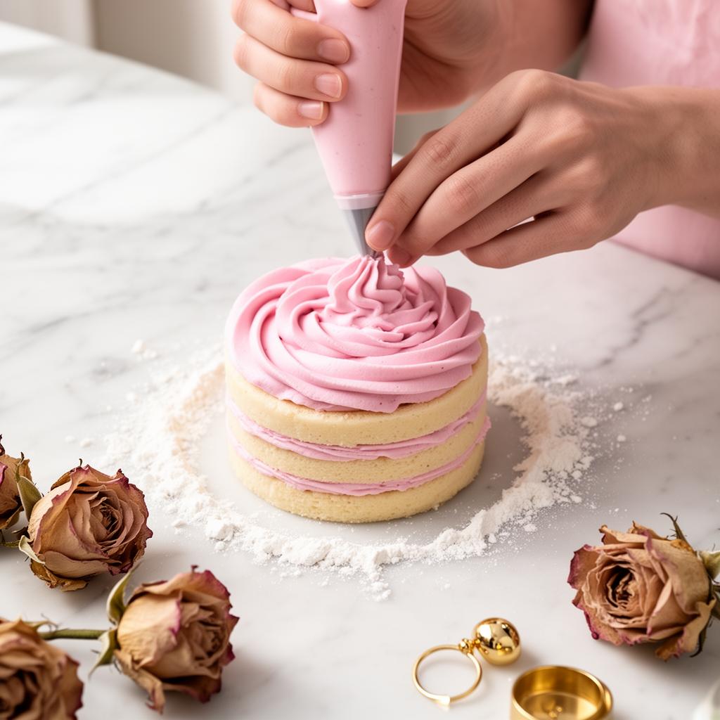 Baker piping pink frosting onto a layer cake