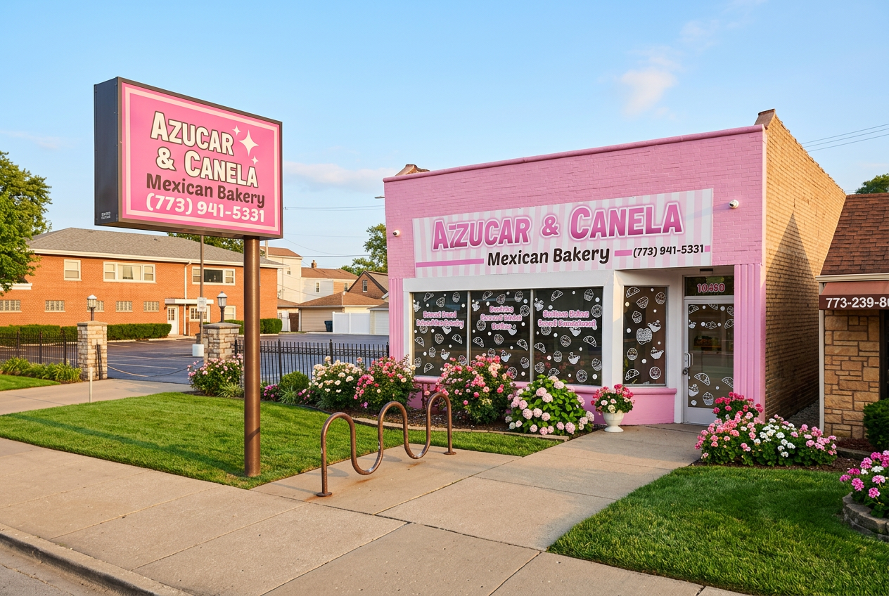 The Azúcar y Canela Mexican Bakery storefront in Chicago — pink building with signature signage