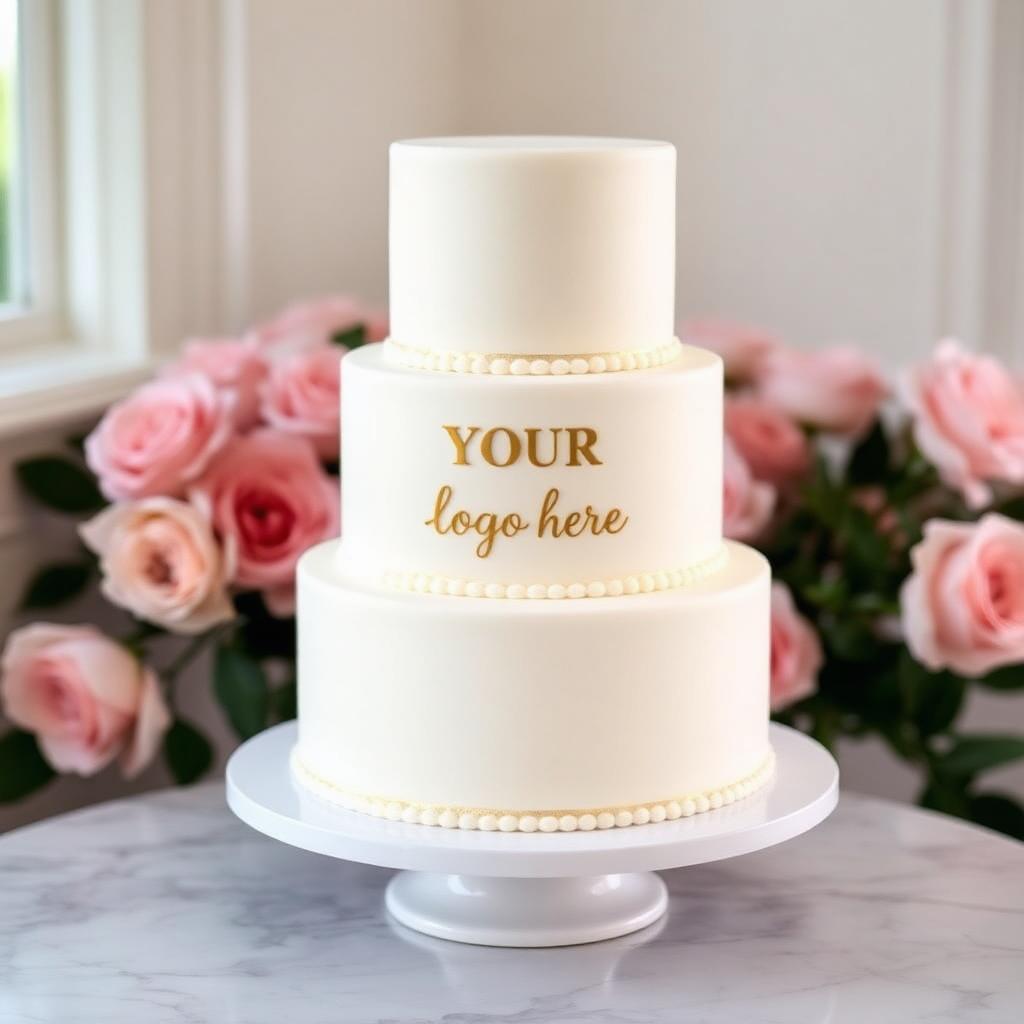Tiered branded cake with 'Your Logo Here' in gold script