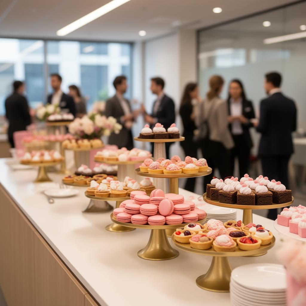 Office catering spread with cupcakes, macarons and tartlets