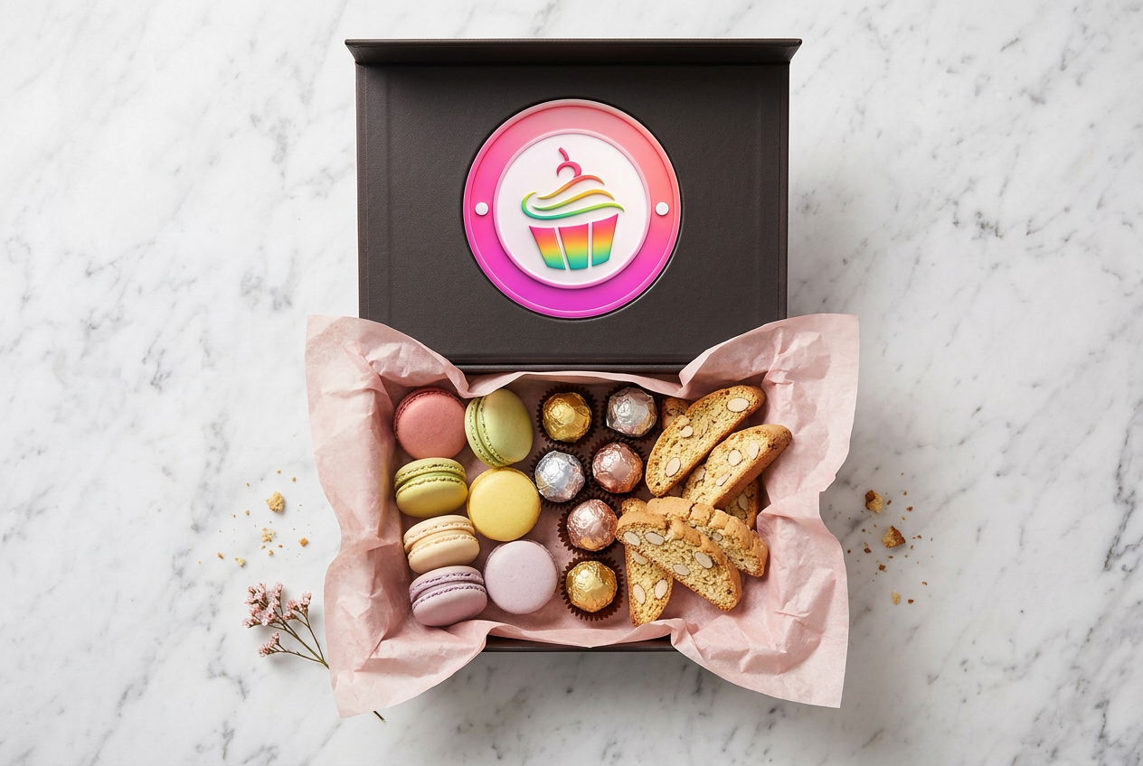 Branded executive gift box with macarons, chocolates, and biscotti